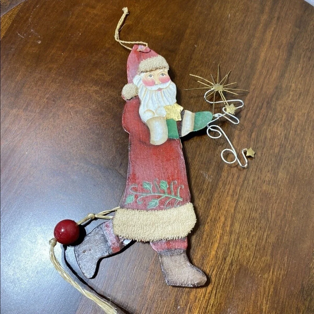 Vtg Tin Santa Clause Christmas Tree Ornament Articulated Movable Arm & Leg.